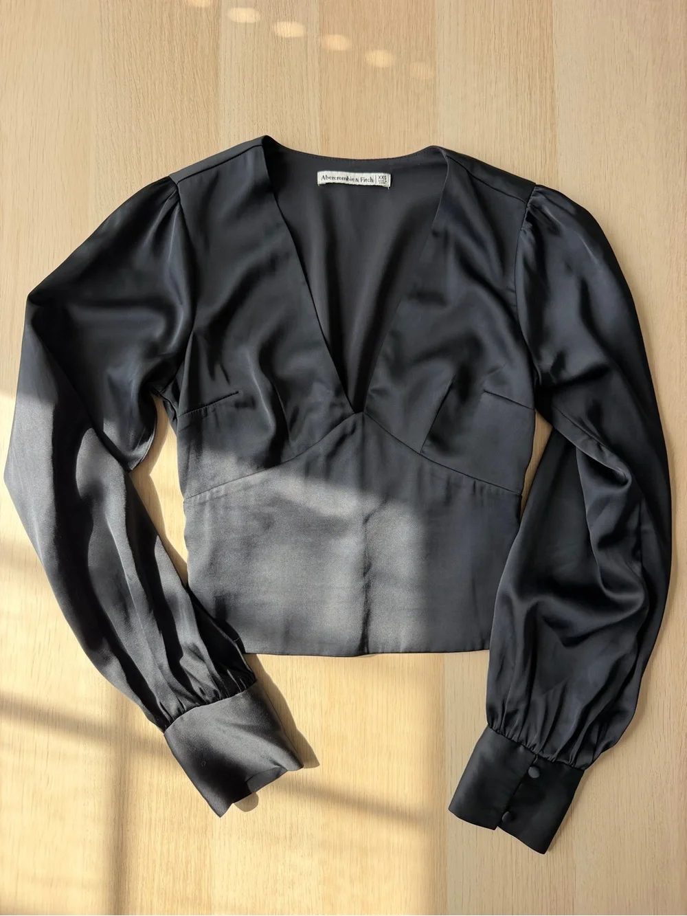 Abercrombie & Fitch Satin Plunge V-Neck Blouse Smoked Waist Puff Sleeve Top XXS